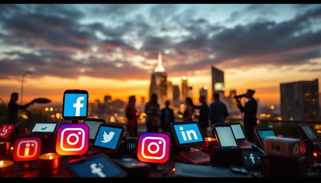A vibrant social media strategy landscape, showcasing various platforms in the foreground - Facebook, Instagram, Twitter, LinkedIn, and TikTok. In the middle ground, a group of people collaborating, brainstorming, and sharing content ideas. The background features a warm, sunset-lit cityscape, symbolizing the reach and impact of effective online promotion. The scene is captured with a cinematic, slightly wide-angle lens, creating depth and emphasizing the interconnectedness of the digital marketing elements. The overall mood is one of dynamism, creativity, and a sense of professional opportunity.
