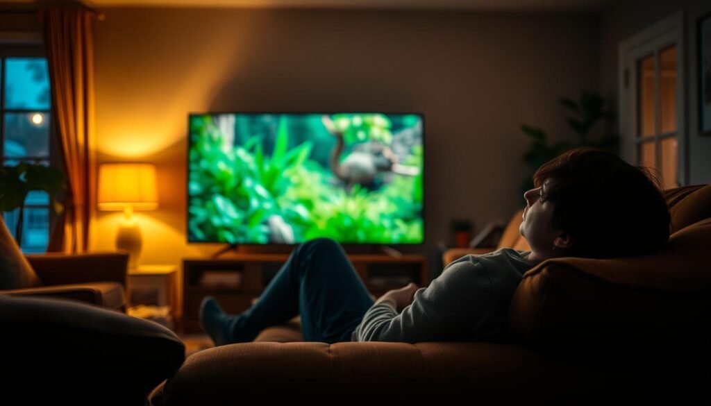 A cozy living room with a plush sofa and armchair, the soft glow of a table lamp illuminating the scene. On the screen, a vibrant nature documentary plays, transporting the viewer to a lush, verdant world. The room is bathed in a warm, cinematic lighting, creating a sense of immersion and comfort. In the foreground, a person reclines on the sofa, completely engrossed in the imagery, their face lit by the flickering display. The background is softly blurred, focusing the attention on the engaging visual experience. The overall atmosphere is one of relaxation, tranquility, and the joy of discovering new sights and sounds through the power of multimedia.