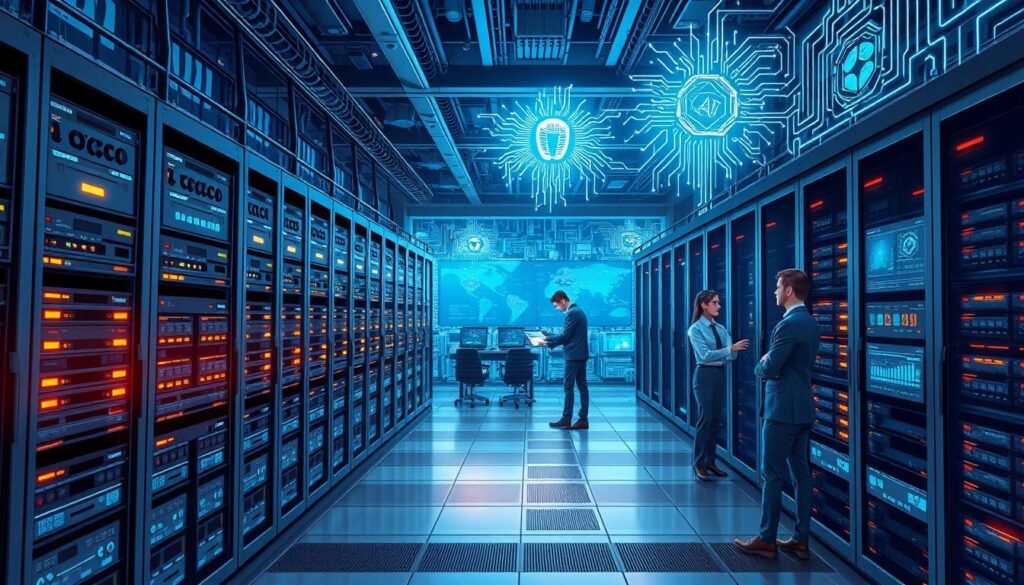 A detailed and vibrant illustration of an AI infrastructure ecosystem, showcasing a vast network of interconnected data servers and advanced computing hardware in a futuristic data center. In the foreground, sleek server racks with glowing indicators and advanced cooling systems, while skilled professionals in business attire collaborate, analyzing data on transparent screens. The middle ground features a multitude of digital displays, projecting AI algorithms and analytics, bathed in a high-tech blue lighting that conveys a sense of innovation. In the background, walls of the data center are adorned with complex circuit patterns and holographic projections of AI models, creating a dynamic atmosphere of intelligence and technological advancement. The scene is captured from a slightly elevated angle to emphasize the expansive scale of the infrastructure.