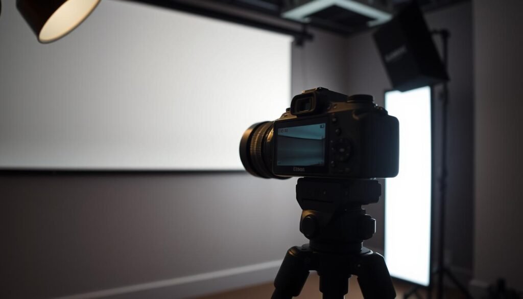 A dimly lit, professional photography studio with a sleek, black camera on a sturdy tripod. The camera's electronic shutter is engaged, capturing a scene with subtle, wavelike banding patterns across the frame, a visual artifact caused by the synchronization between the electronic shutter and ambient lighting. The studio is bathed in a warm, soft light, creating a tranquil, contemplative atmosphere, ideal for capturing high-quality, noise-free images in a silent environment. The camera's lens is carefully positioned to showcase the banding effect in a visually striking and technically informative manner.