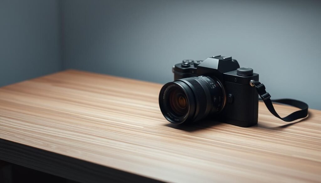 A discreet digital camera resting on a minimalist wooden surface, its sleek body casting a soft shadow. The lens is focused, poised to capture a moment of silence, with the shutter mechanism hushed and the camera body muted in its matte black finish. Soft, diffused lighting from an overhead source illuminates the scene, creating a serene, contemplative atmosphere. The camera appears as an instrument of quiet observation, ready to immortalize the stillness of the moment without drawing attention to itself.