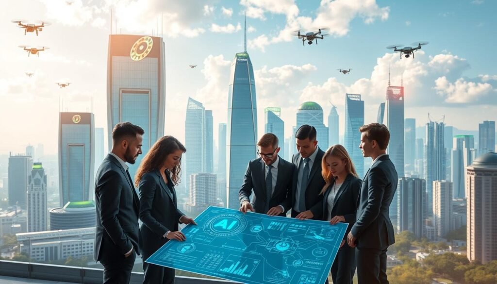 A futuristic urban landscape showcasing the benefits of AI infrastructure investment. In the foreground, a diverse group of business professionals in formal attire, collaborating over a digital blueprint that displays advanced AI technologies. The middle ground features towering skyscrapers with green rooftops and solar panels, symbolizing sustainable development. In the background, a vibrant skyline illuminated by dynamic holographic data streams and drones, illustrating technological advancement. The scene is bathed in soft, warm lighting that conveys optimism and innovation, with lens flares reflecting off glass surfaces, capturing the essence of a thriving AI ecosystem. Emphasize a sense of collaboration and progress, steering clear of any negative or dystopian themes.