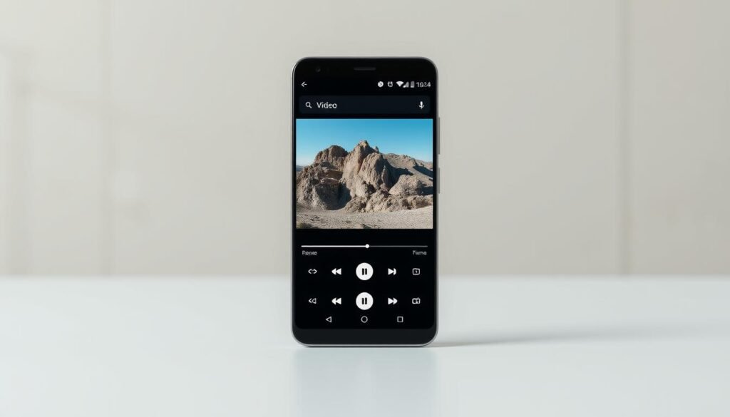 A high-resolution, photorealistic image of an Android video player app with a modern, minimalist interface. The app is displayed on a sleek, frameless smartphone against a neutral, slightly blurred background. The player features intuitive playback controls, seamless subtitle integration, and support for a wide range of video formats. The screen shows a vivid, high-quality video playback with natural lighting, creating a clean, immersive user experience. The overall composition emphasizes the app's advanced functionality and premium, user-friendly design.