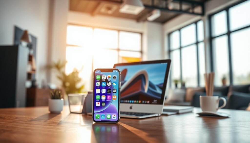 A stylish and modern workspace showcasing various iOS devices, including an iPhone, iPad, and MacBook, positioned on a sleek wooden desk. In the foreground, the iPhone is displayed prominently with a focus on its screen, highlighting diverse app icons to represent compatibility with iOS 2025. The middle layer features the iPad and MacBook angled slightly towards the viewer, with their screens glowing, showcasing popular applications. In the background, a soft-focus view of a well-lit room with contemporary decor enhances the professional environment. The scene is bathed in warm sunlight filtering through large windows, creating an inviting and innovative atmosphere. The image is shot from a slightly elevated angle, giving a comprehensive view of the tech setup while maintaining a clean and sophisticated aesthetic.