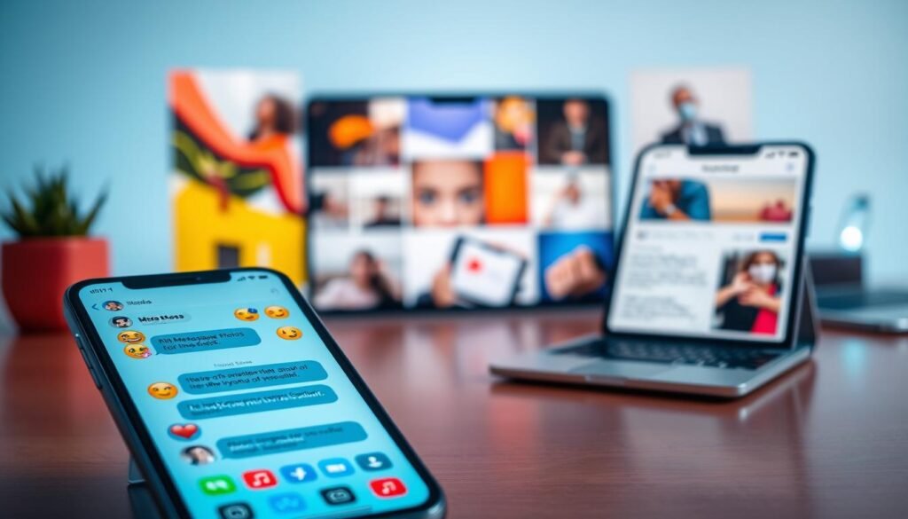 A vibrant digital workspace showcasing iOS core applications: Messages, Photos, and Safari. In the foreground, a sleek iPhone with the Messages app open, displaying rich emojis and a lively chat interface. In the middle, an artistic composition of photos, blending images with vibrant colors, captured in a gallery view. The Safari app is open on the device, showcasing a website with a clean layout against a light background. Subtle reflections of soft ambient light create a modern tech atmosphere. The background features abstract representations of technology, emphasizing innovation and user engagement. The scene should evoke a sense of excitement and efficiency, hinting at the future of app development in iOS 2025. Use a professional lens effect with warm lighting to enhance the mood.