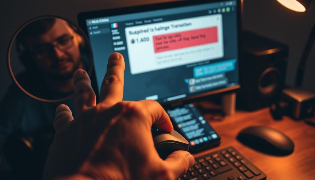 A close-up view of a computer screen displaying a suspicious online transaction related to MLBB skins. In the foreground, a hand hovers over a mouse, demonstrating hesitation, with a concerned expression reflected in a nearby mirror. The middle ground includes a cluttered workspace with gaming paraphernalia, such as a gaming headset and a smartphone showing a chat conversation filled with red flags. The background features dim lighting and subtle shadows to create a tense atmosphere. Use soft, warm lighting to emphasize the hand's uncertainty while highlighting potential warning signs on the screen, such as fake logos or exaggerated prices. The overall mood should evoke caution and vigilance against online fraud.