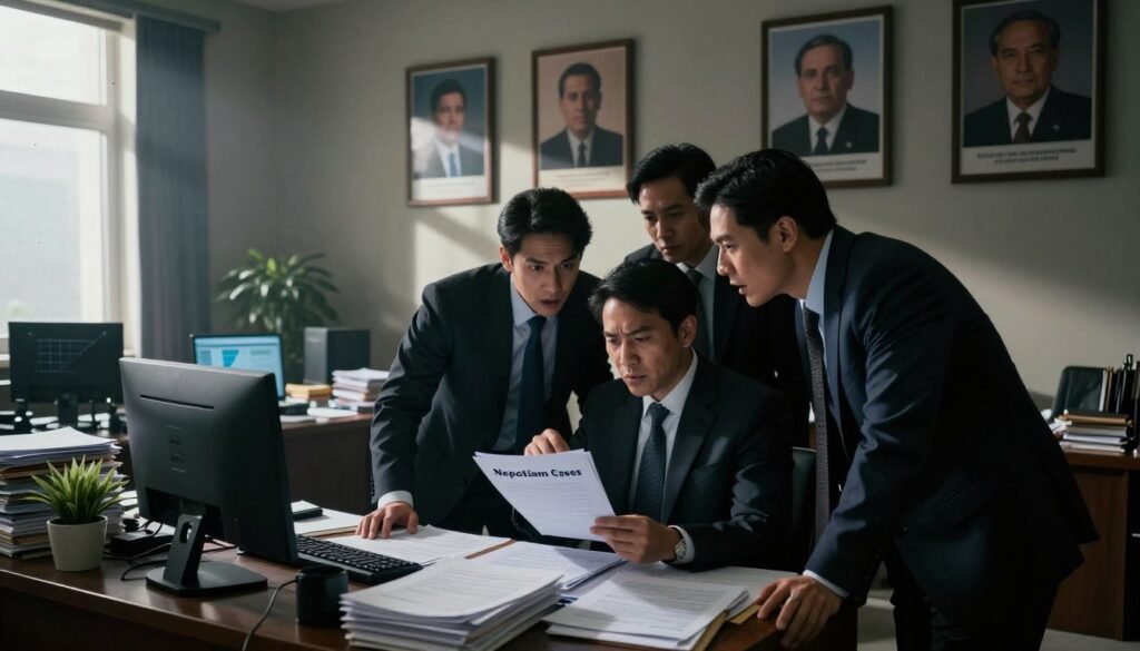 A dimly lit government office filled with bureaucratic chaos. In the foreground, a group of four individuals in professional business attire whispering closely, their expressions conveying a mix of scheming and excitement. One person is pointing at a file labeled "Nepotism Cases" while the others nod in agreement. In the middle ground, a large desk cluttered with paperwork, a computer screen showing graphs of nepotism trends, and a small potted plant. In the background, a wall decorated with portraits of former ministers, casting long shadows as sunlight streams in through a dusty window, creating a moody atmosphere. The overall ambiance is tense and secretive, reflecting the gravity of the topic, emphasizing the hidden dynamics of favoritism within government.