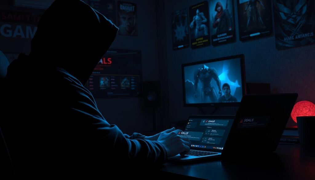 A dramatic scene of a gaming transaction scam, depicted in a digital art style. In the foreground, a shadowy figure sitting at a computer, their face obscured by the glare of the monitor, which displays suspicious-looking gaming skins for sale. The figure wears a hooded sweatshirt, emphasizing secrecy. In the middle ground, a laptop sits open beside a smartphone showing fleeting notifications of sale alerts, creating a sense of urgency and deception. The background features a dimly lit gaming room adorned with posters of popular games, enhancing the atmosphere. Moody lighting casts deep shadows, evoking a sense of unease and caution. The overall color palette includes dark blues and blacks with hints of neon to capture the digital gaming world.