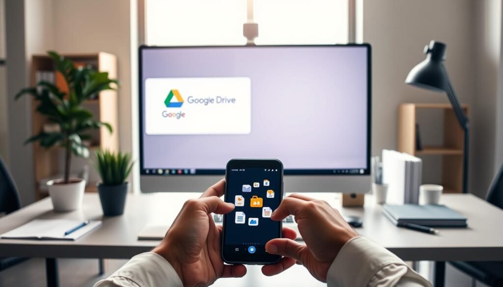 A modern office setting featuring a large desktop computer displaying the Google Drive interface, showcasing a visual representation of data backup in progress. In the foreground, a pair of hands using a smartphone, symbolizing mobile data backup, with icons of various file types (photos, documents) appearing as if they are seamlessly uploading to the cloud. In the middle, a sleek, organized workspace with a potted plant and stationery adding a touch of professionalism. The background shows a window with soft natural light pouring in, creating a warm and inviting atmosphere. The overall mood is one of efficiency and convenience, conveying the ease of using cloud services for data backup.