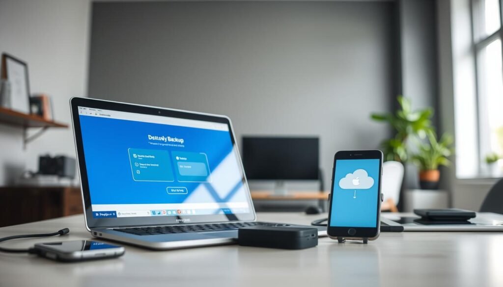 A modern workspace depicting various methods of data backup to the cloud. In the foreground, a sleek laptop with an open screen showing a user-friendly backup interface. Beside it, a smartphone displays a cloud storage app. In the middle, a stylish desk filled with tech gadgets like an external hard drive and a tablet, emphasizing a digital lifestyle. The background features a large window with soft, natural light streaming in, illuminating the space. The atmosphere is focused and professional, conveying a sense of productivity and innovation. The lens captures a vibrant color palette, with a shallow depth of field that highlights the main objects while softly blurring the background. No people are present in the image, ensuring a clean, distraction-free visual.