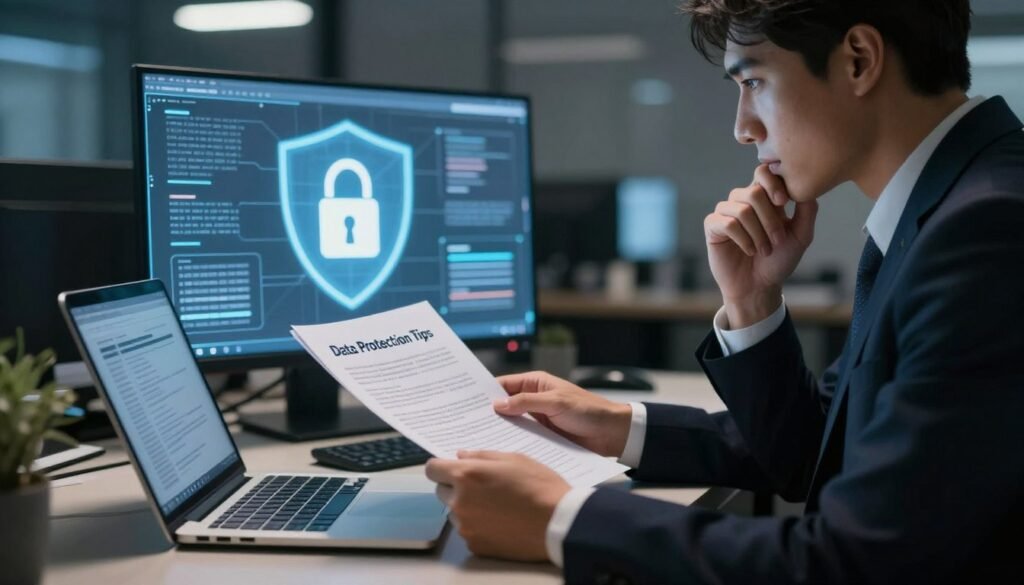 A professional office setting with a person in business attire, seated at a desk with a laptop, reviewing digital security protocols. In the foreground, the individual examines a document titled “Data Protection Tips” with a thoughtful expression. The middle ground features a digital screen displaying a lock and shield symbol, representing data protection concepts. In the background, dim lighting creates a sense of focus and urgency, with soft shadows enhancing the seriousness of the subject. The atmosphere is serious yet hopeful, emphasizing the importance of safeguarding personal data. The image captures the essence of privacy and security in the digital age, highlighting proactive measures to protect personal information. A professional office setting with a person in business attire, seated at a desk with a laptop, reviewing digital security protocols. In the foreground, the individual examines a document titled “Data Protection Tips” with a thoughtful expression. The middle ground features a digital screen displaying a lock and shield symbol, representing data protection concepts. In the background, dim lighting creates a sense of focus and urgency, with soft shadows enhancing the seriousness of the subject. The atmosphere is serious yet hopeful, emphasizing the importance of safeguarding personal data. The image captures the essence of privacy and security in the digital age, highlighting proactive measures to protect personal information.