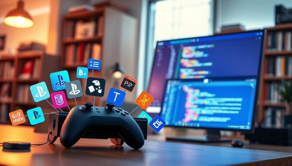 A vibrant and dynamic digital workspace illustrating a variety of mobile app icons related to gaming and development. In the foreground, display a sleek Xbox console, surrounded by vivid app graphics including PlayStation emulator icons and essential development tools. The middle ground features a glowing computer monitor with coding software open, casting a soft blue light across the scene. In the background, a modern office environment with bookshelves filled with gaming literature and programming resources. Use warm, inviting lighting to create an innovative atmosphere, capturing a sense of creativity and technological advancement. The angle should be slightly tilted to emphasize the multitasking nature of dev mode applications without any text or branding.
