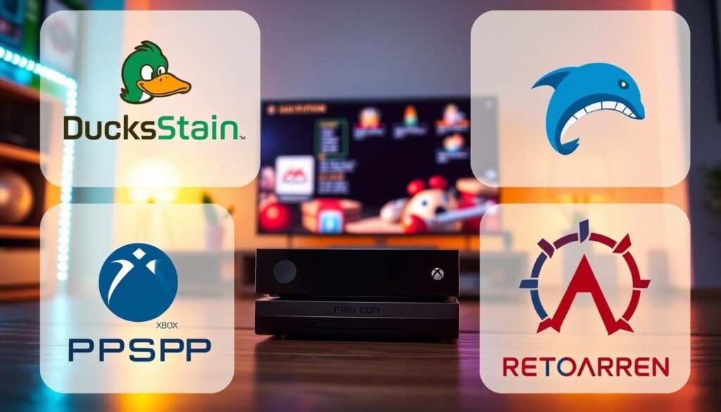 A vibrant digital artwork showcasing a collage of iconic game emulators, featuring DuckStation, PPSSPP, Dolphin, and RetroArch Cores. In the foreground, display distinctive logo designs and interface elements from each emulator, rendered with intricate details to emphasize their unique functionality. The middle layer offers a glimpse of a modern gaming setup, with an Xbox console prominently positioned and a screen displaying an engaging emulator interface. The background features a softly blurred gaming room ambiance, illuminated by warm LED lights to create a cozy atmosphere. The overall mood is nostalgic yet innovative, appealing to gamers and tech enthusiasts alike. Capture the scene from a slightly elevated angle to highlight the gaming elements, ensuring the focus remains on the emulators without any text or labels.